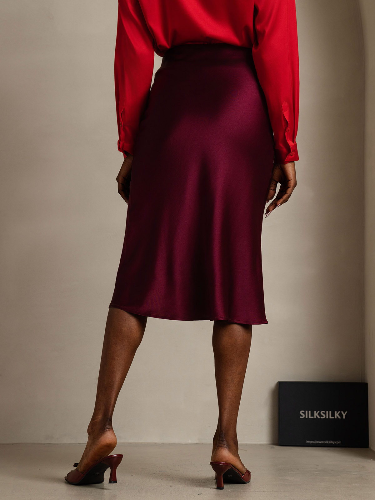 [Rouge Foncé] SilkSilky-FR 19Momme Pure Soie Skirt 002