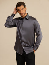 [Gris Foncé] SilkSilky-FR 19Momme Manches longues Col à Revers Homme Chemise 004