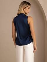 [Bleu Foncé] SilkSilky-FR Sleeveless Tie Neck Top À Fines Brides 002