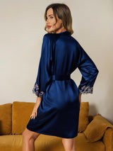[Bleu Foncé] SilkSilky-FR 3/4 Sleeve Femme Peignoir 002