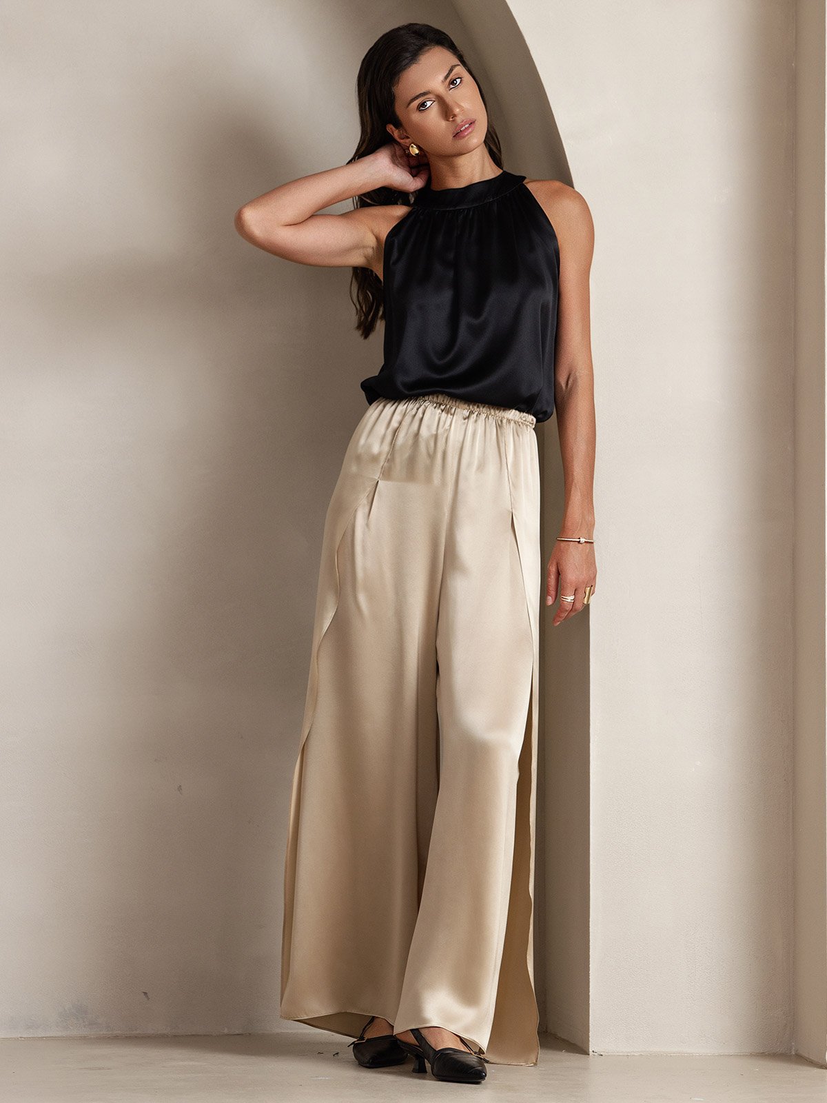 [Noir] SilkSilky-FR 19Momme Soie Womens T-Shirt 005