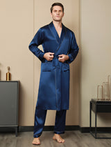 [Bleu Foncé] SilkSilky-FR Pure Soie Manches longues Revers Homme Peignoir 004