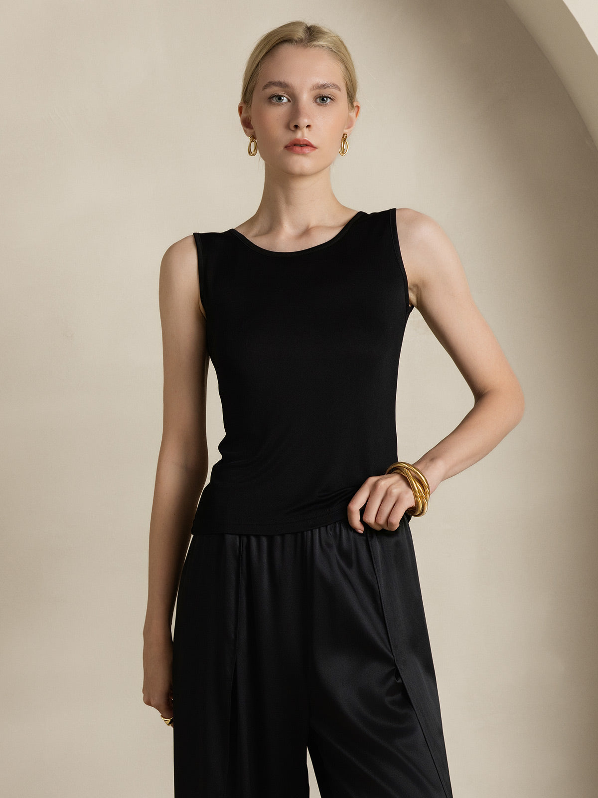 [Noir] SilkSilky-FR Soie Tricotée Col Rond Femme T-Shirt 003