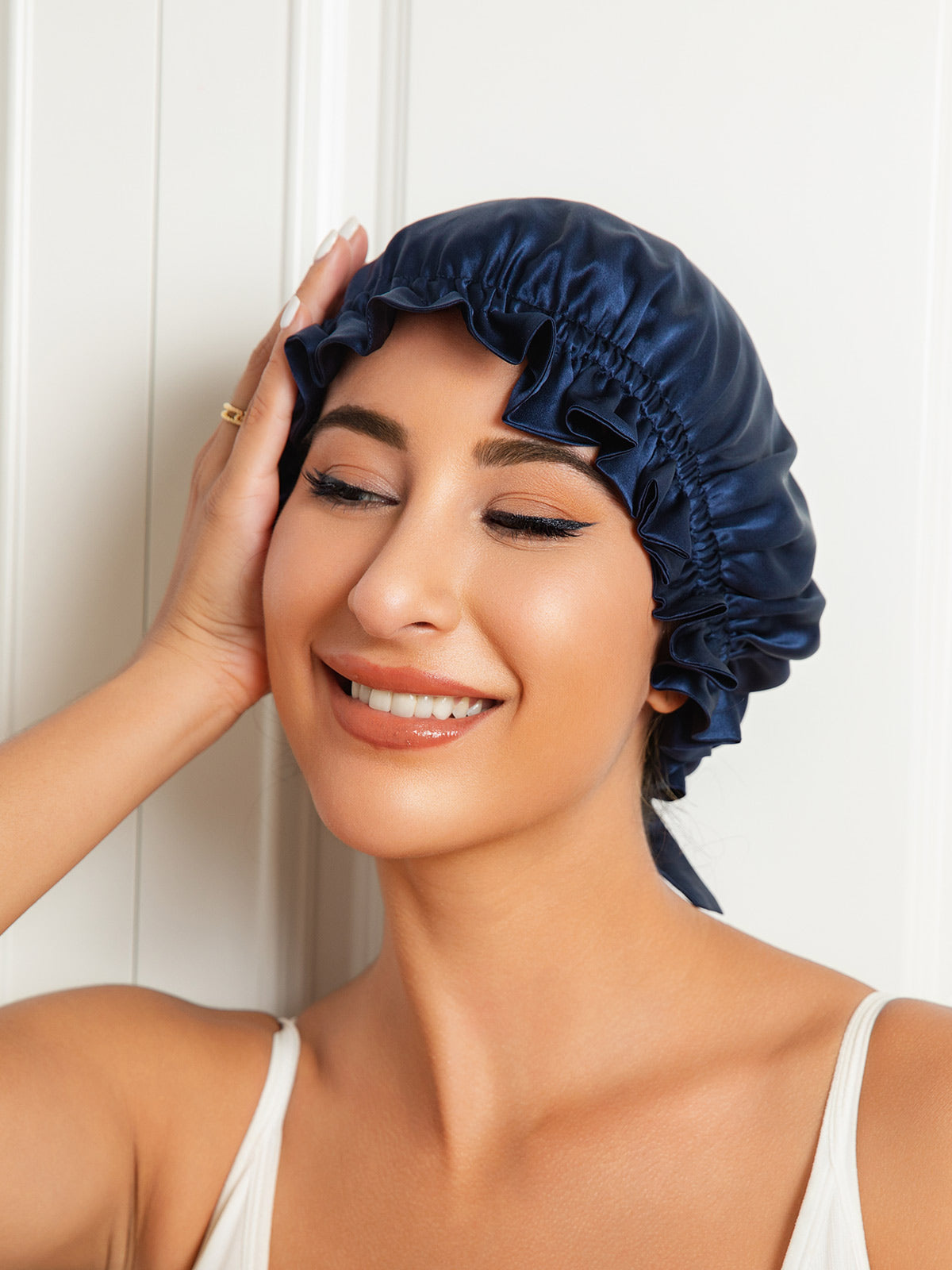 [Bleu Foncé] SilkSilky-FR Pure Soie Sleep Cap 003