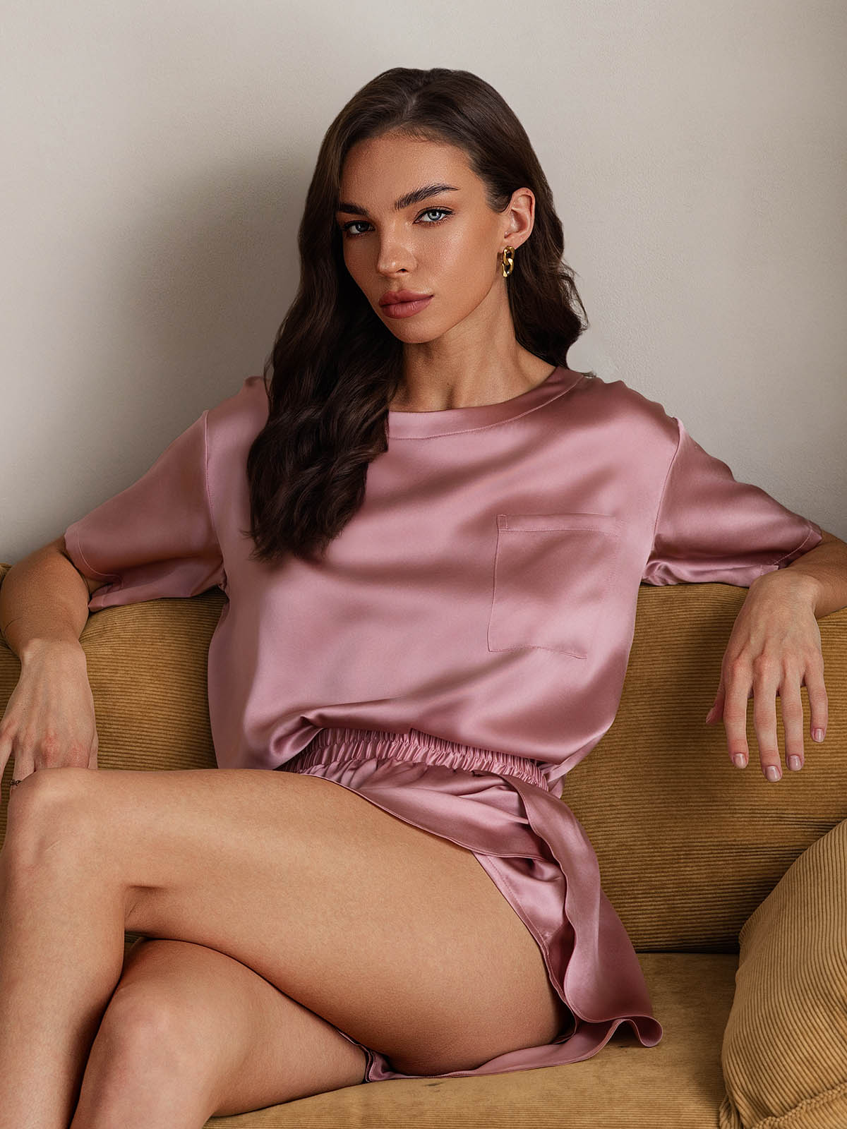 [Mauve Pâle] SilkSilky-FR Pure Soie Col Rond Femme Pyjamas 004