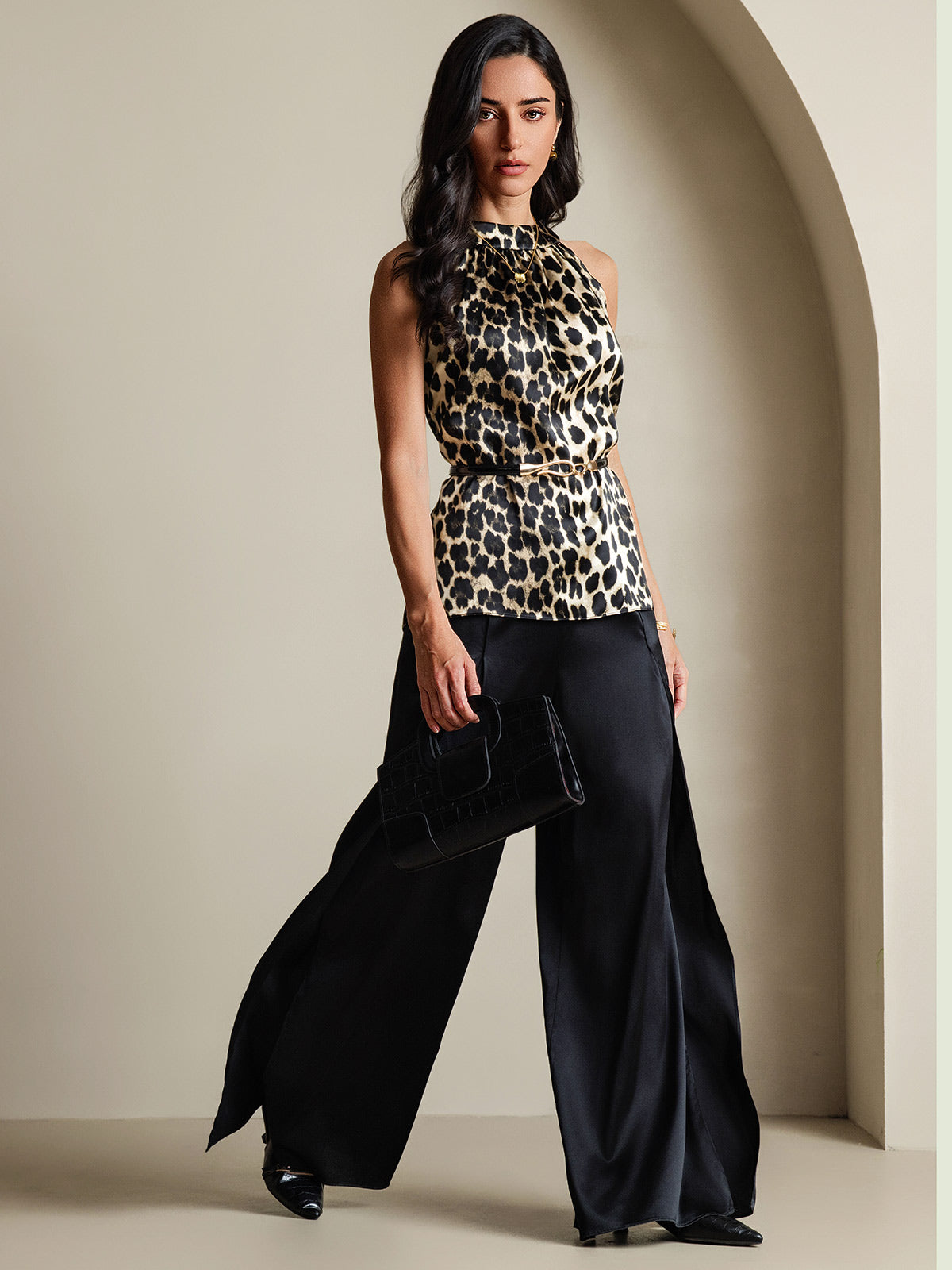[Leopard] SilkSilky-FR 19Momme Soie Womens T-Shirt 001