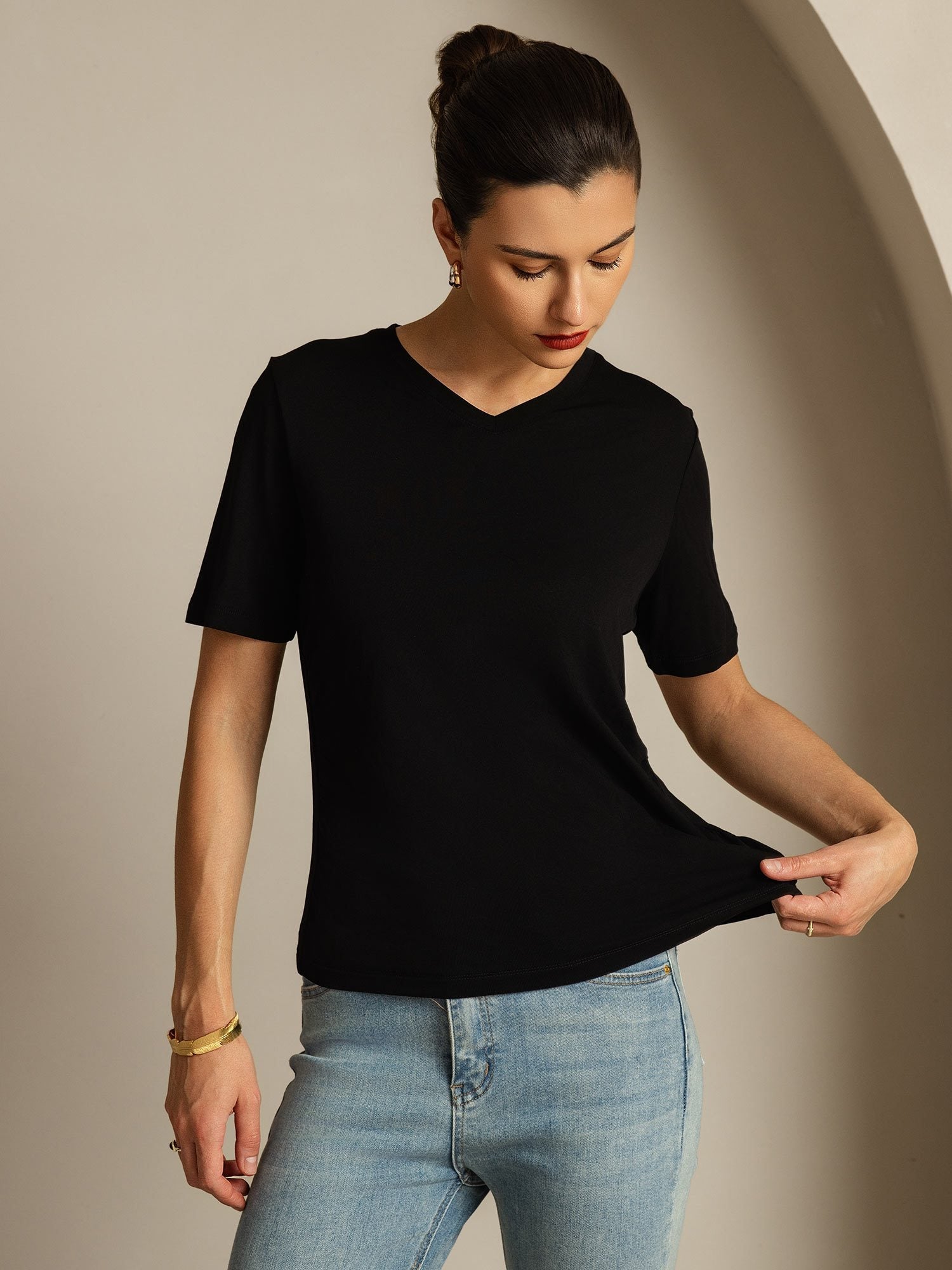 [Noir] SilkSilky-FR Soie Womens T-Shirt 003,