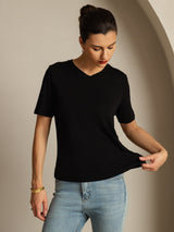 [Noir] SilkSilky-FR Manches courtes Col V Femme T-Shirt 003