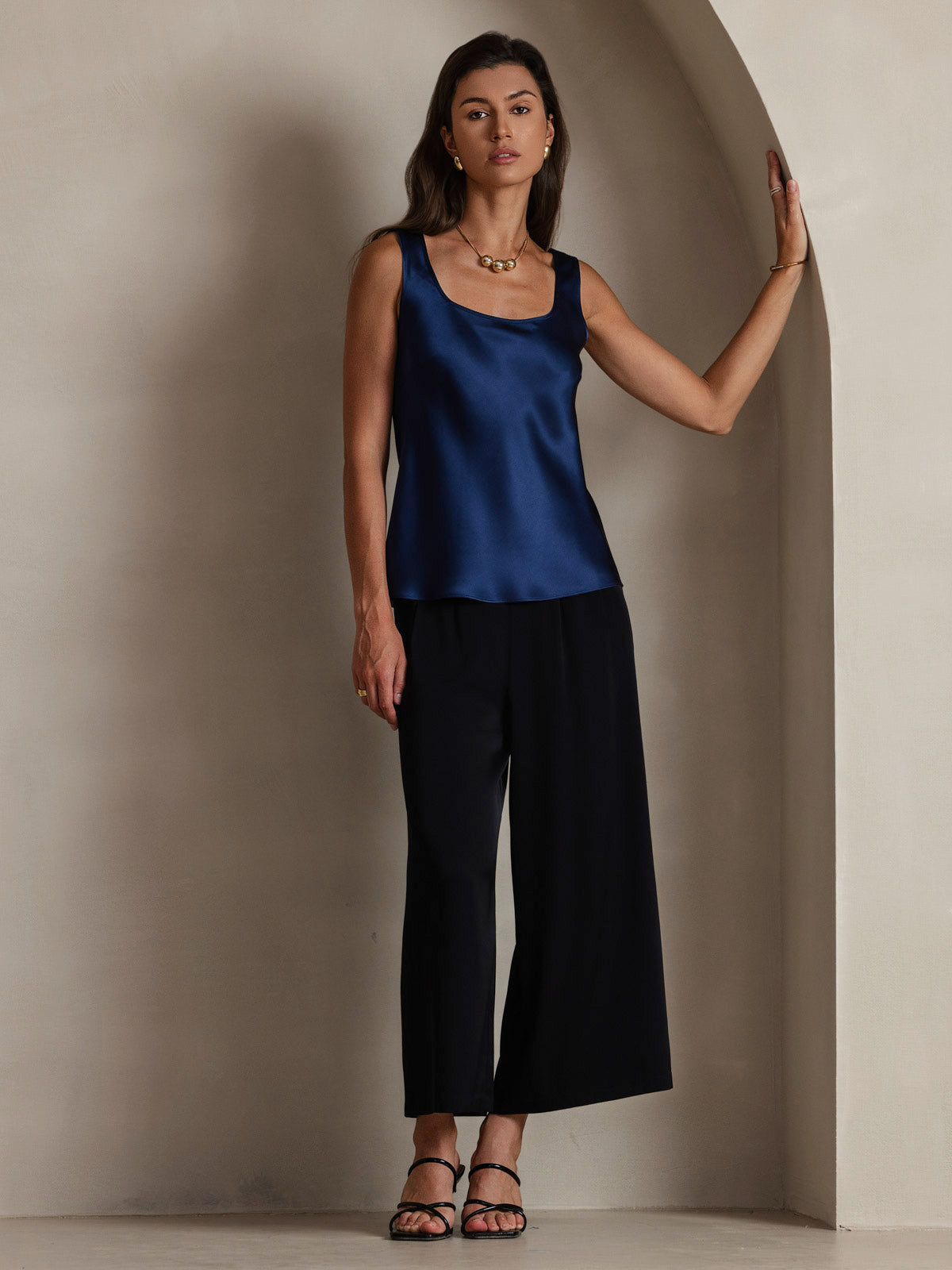 [Bleu Foncé] SilkSilky-FR 19Momme Sans manches Encolure Dégagée Top À Fines Brides 006