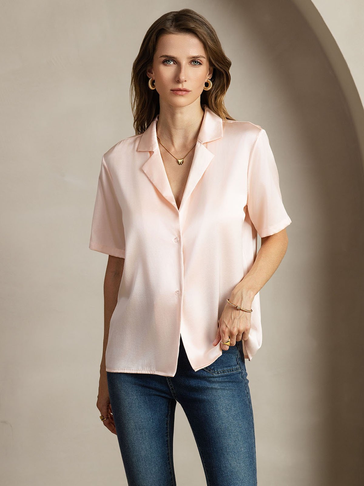 [Rose] SilkSilky-FR 19Momme Soie Découpe V Femme Chemise 005