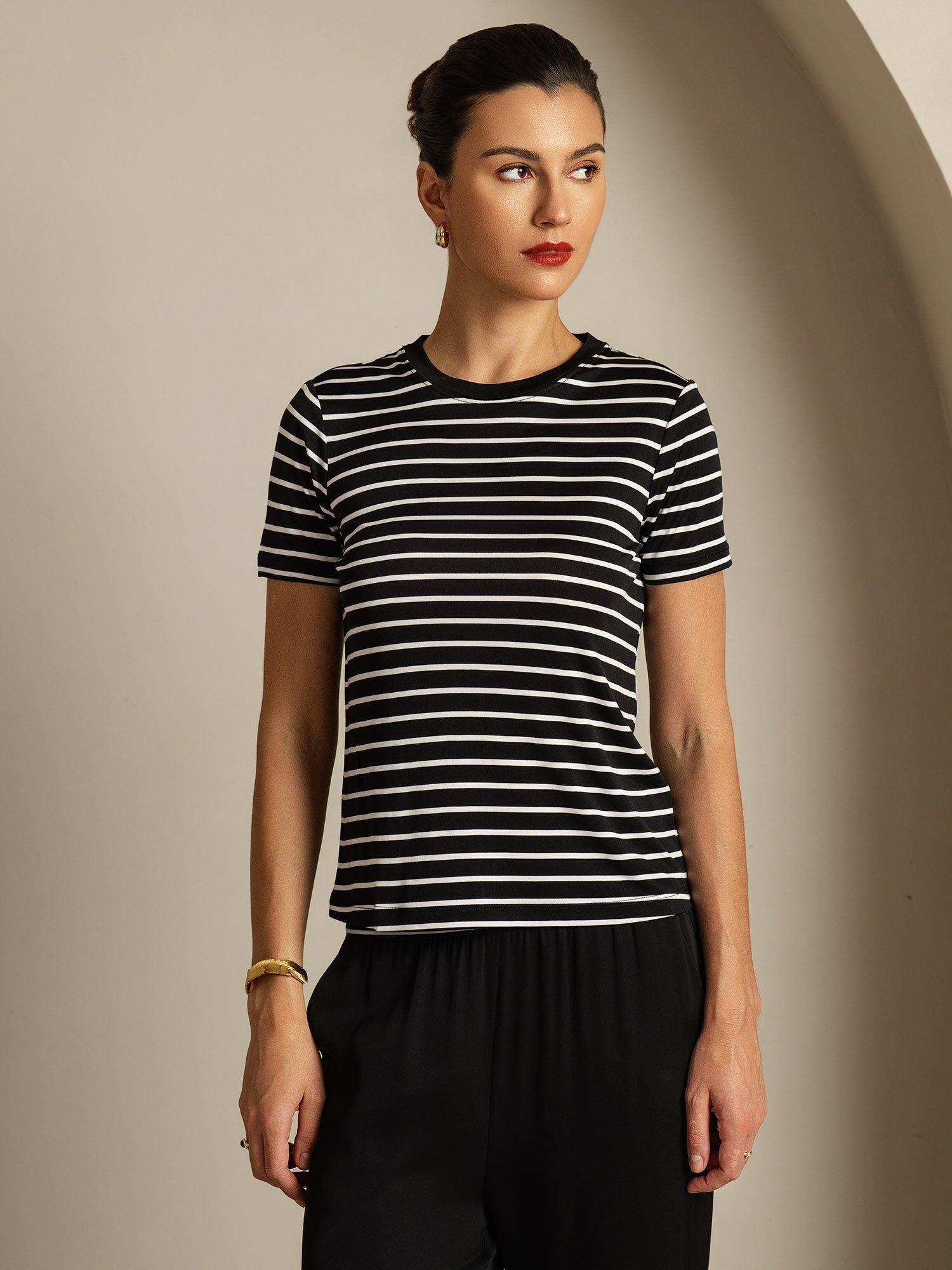 [RayureNoire] SilkSilky-FR Soie Col Rond Femme T-Shirt 003