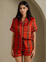 [Carreaux Rouges] SilkSilky-FR Short Sleeve Notch Collar Femme Pyjamas 003