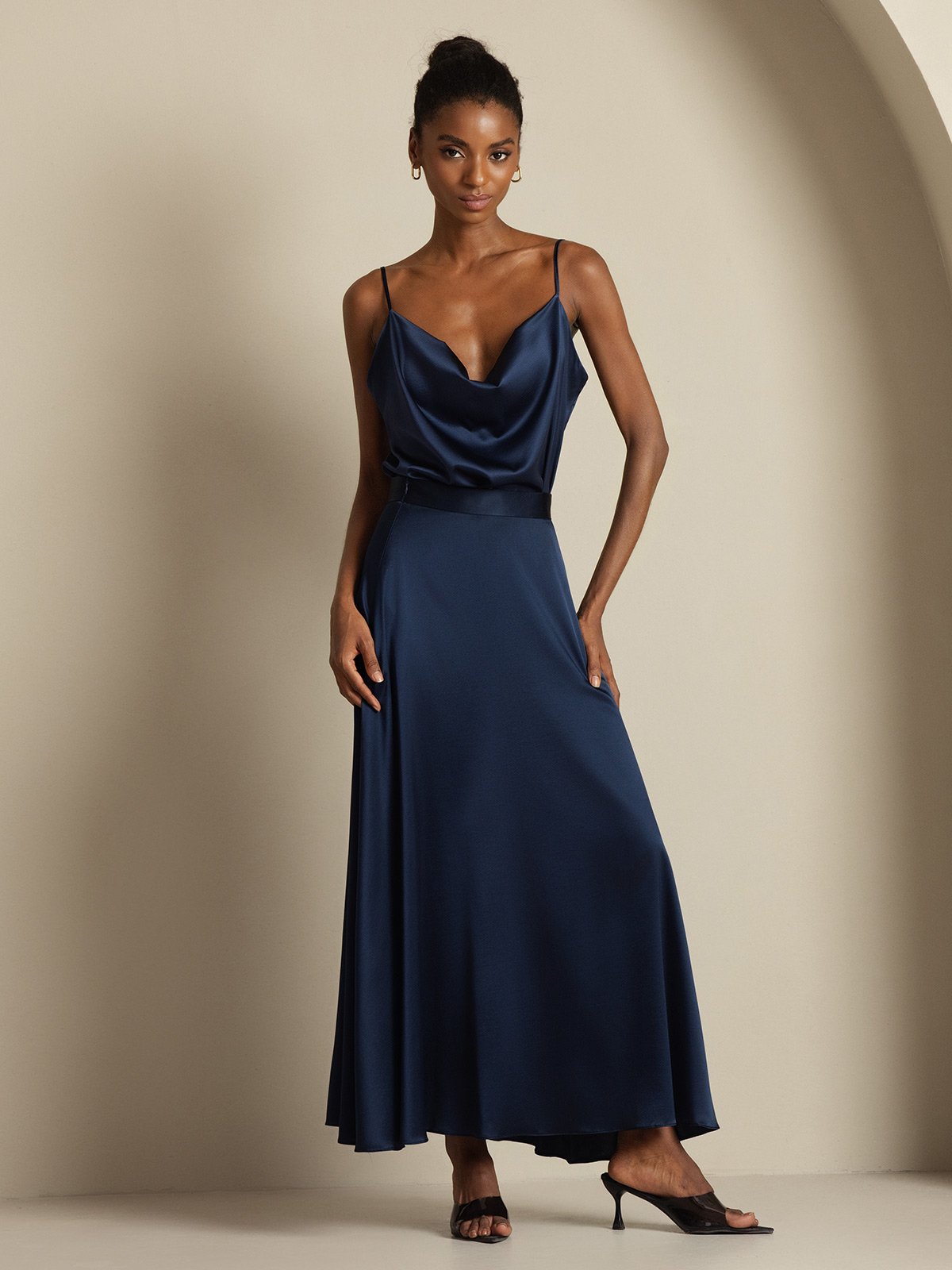 [Bleu Foncé] SilkSilky-FR 19Momme Soie Col Chemise Women''s Outfit Sets 003,