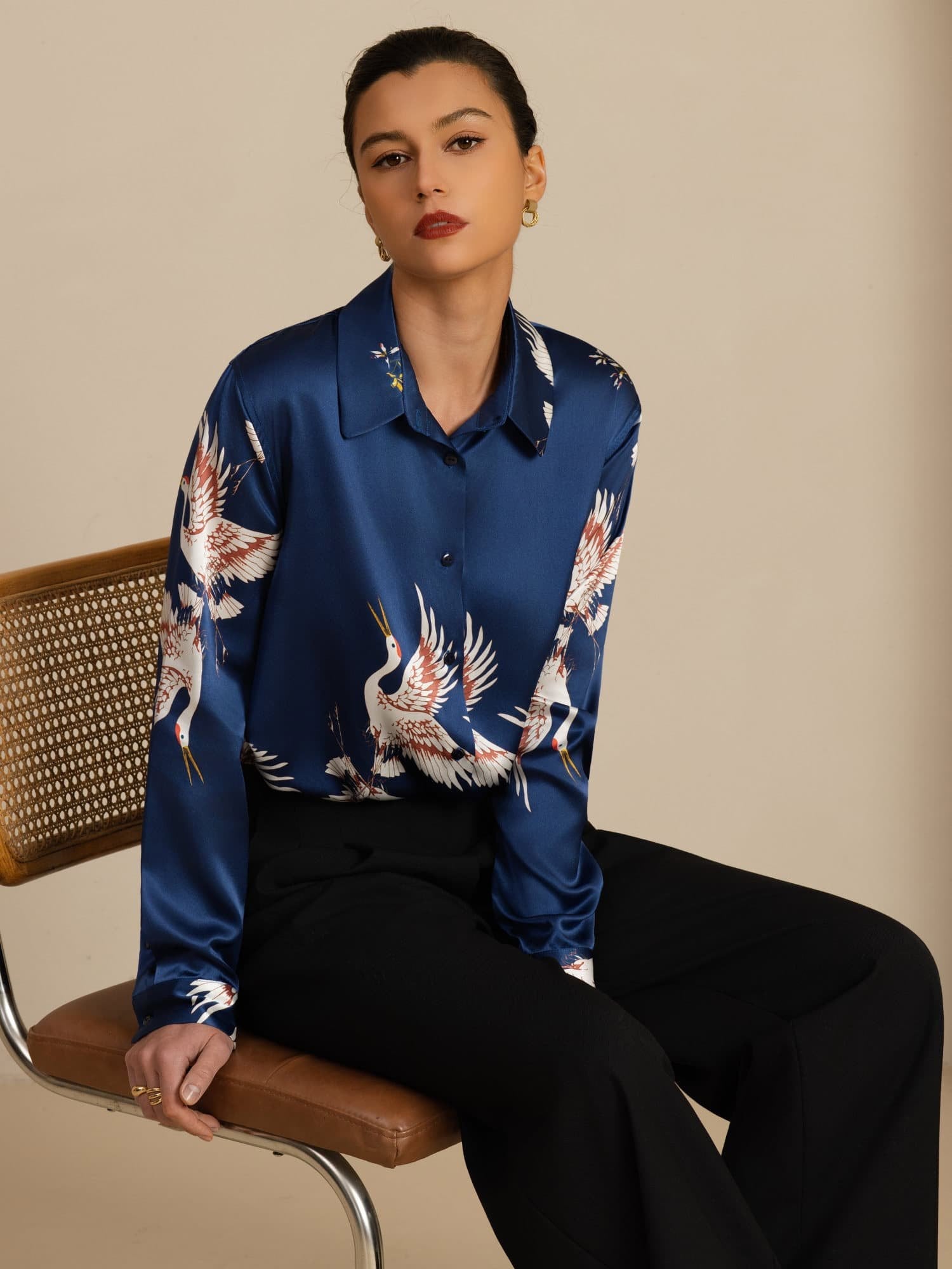 [Bleu Foncé] SilkSilky-FR 19Momme Manches longues Col à Revers Femme Chemise 001