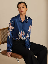 [Bleu Foncé] SilkSilky-FR 19Momme Manches longues Col à Revers Femme Chemise 001