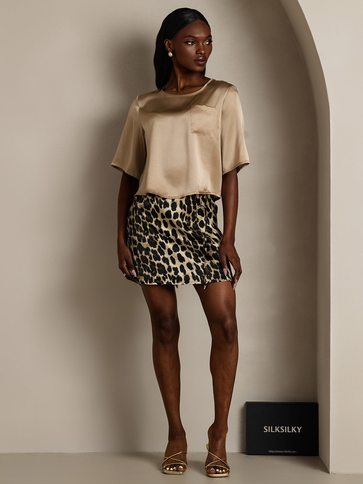 [Champagne] SilkSilky-FR Pure Soie Manches mi-longues Col Bateau Femme T-Shirt 006