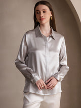 [Gris Clair] SilkSilky-FR 19Momme Manches longues Col à Revers Femme Chemise 004