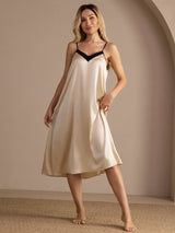 [Beige Riz] SilkSilky-FR Spaghetti Strap V Neck Chemises de nuit 004
