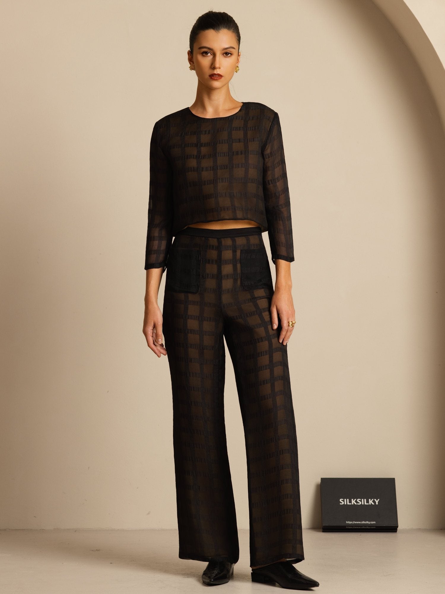 [Noir] SilkSilky-FR Soie Manches longues Col Rond Women''s Outfit Sets 001