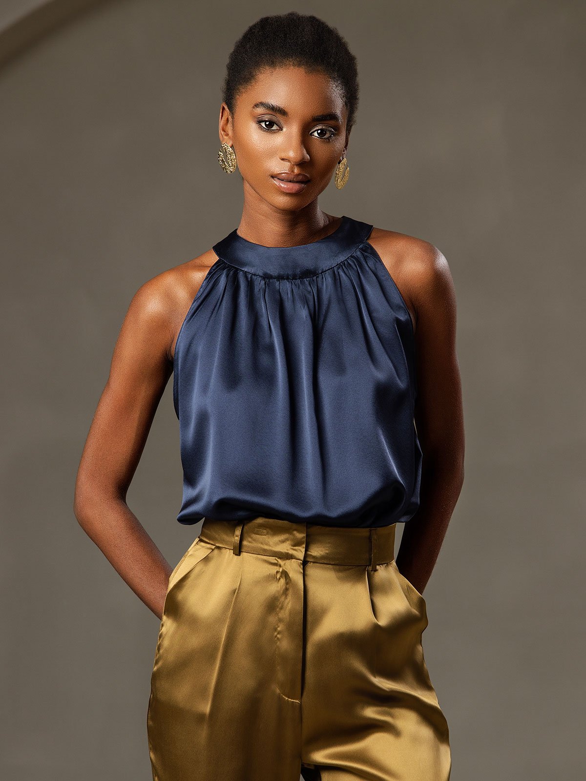 [Bleu Foncé] SilkSilky-FR 19Momme Soie Womens T-Shirt 003