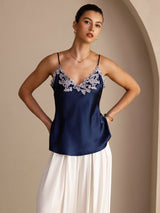 [Bleu Foncé] SilkSilky-FR Sleeveless V Neck Top À Fines Brides 003