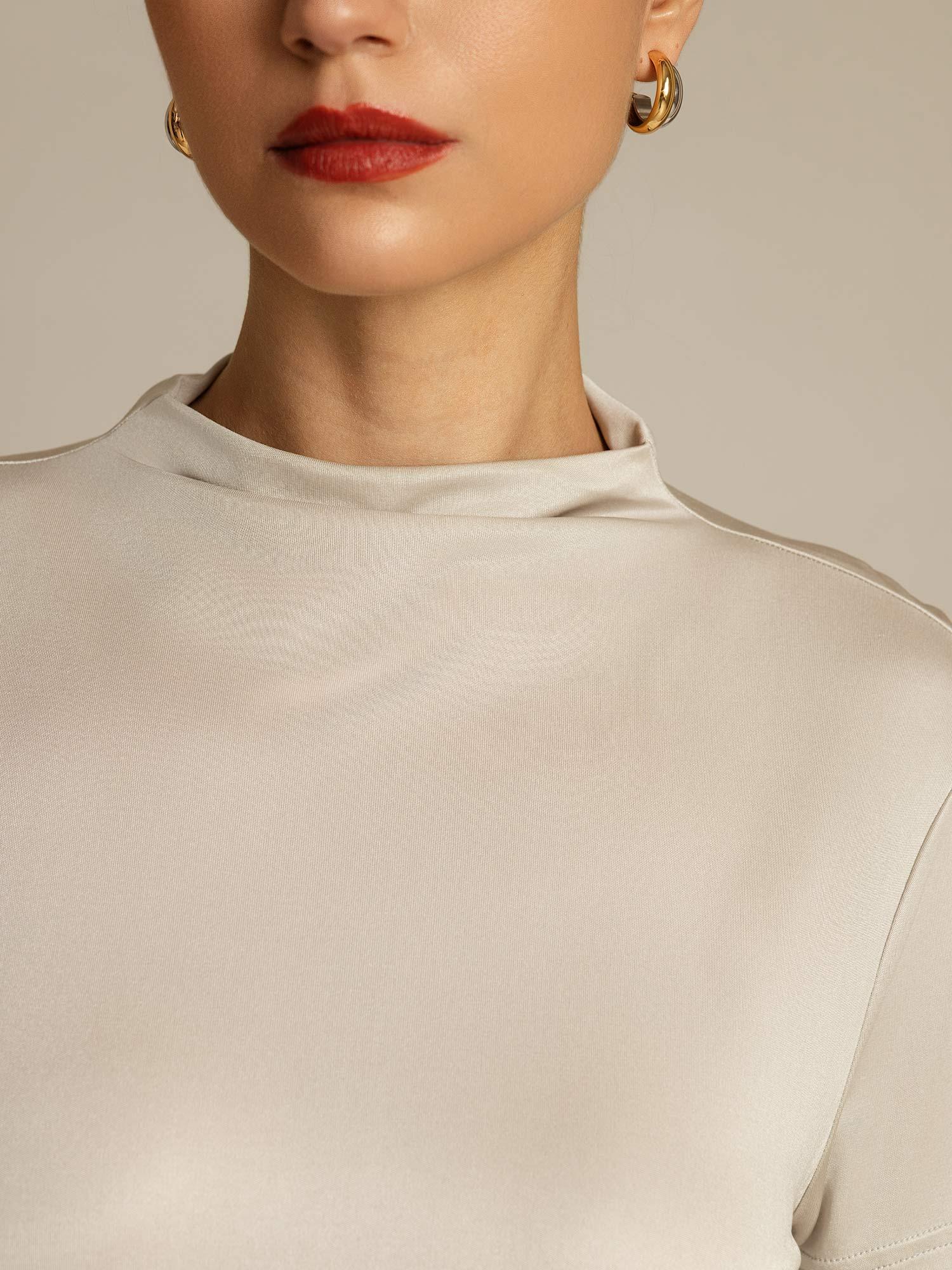 [Gris] SilkSilky-FR Soie Col Chemise Femme T-Shirt 004