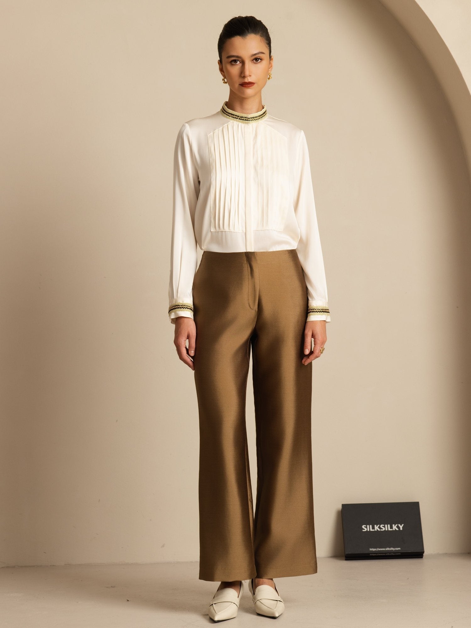 [Perle De Mer] SilkSilky-FR 19Momme Soie Manches longues Col Montant Blouse 007