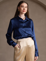 [Bleu Foncé] SilkSilky-FR Long Sleeve Lapel Collar Femme Chemise 005