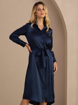 [Bleu Foncé] SilkSilky-FR Long Sleeve Lapel Collar Robes 001