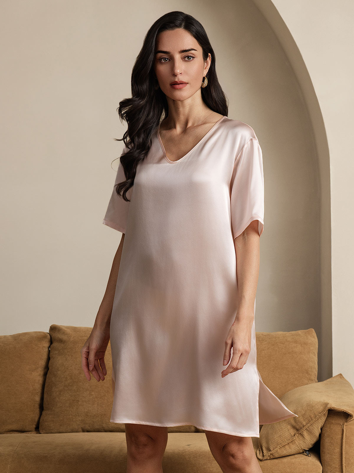 [Rose Clair] SilkSilky-FR Pure Soie Col en V Chemises de nuit 004