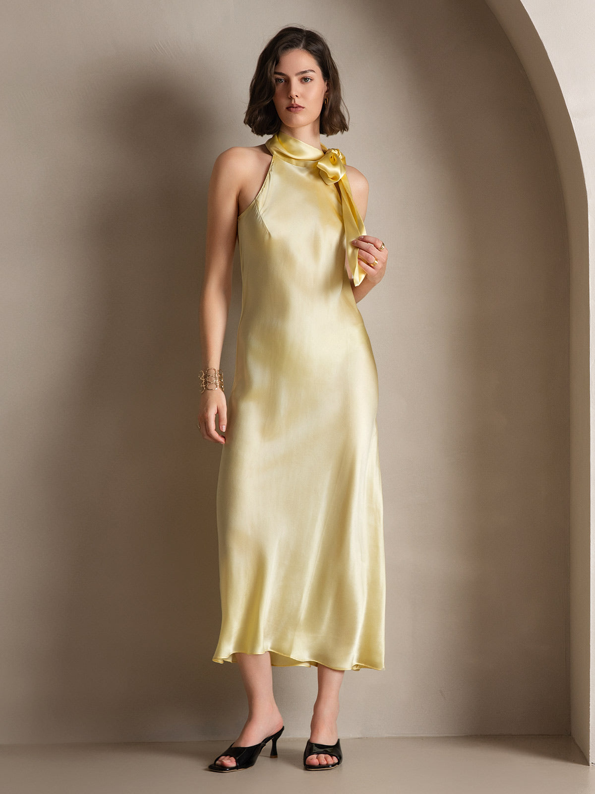 [Jaune Clair] SilkSilky-FR 19Momme Soie Dress 007