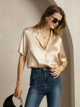 [Champagne] SilkSilky-FR Short Sleeve Notch Collar Femme Chemise 001