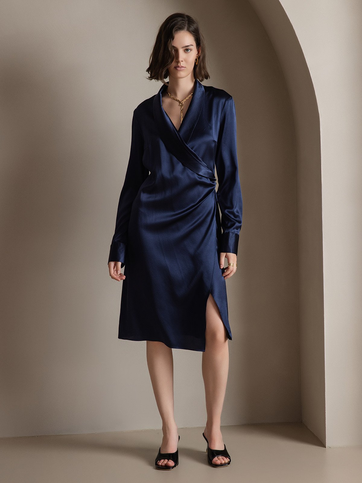 [Bleu Foncé] SilkSilky-FR 19Momme Soie Dress 003