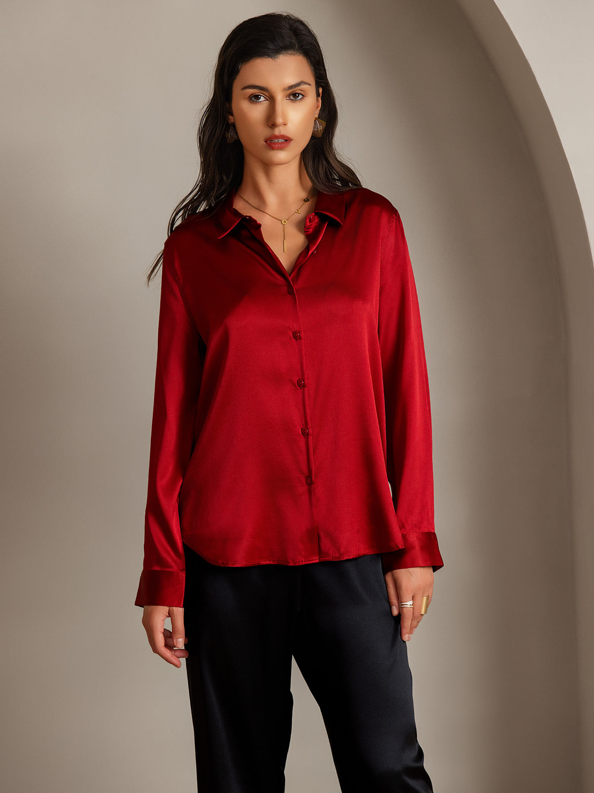 [Rouge] SilkSilky-FR Soie Col Chemise Femme Chemise 003