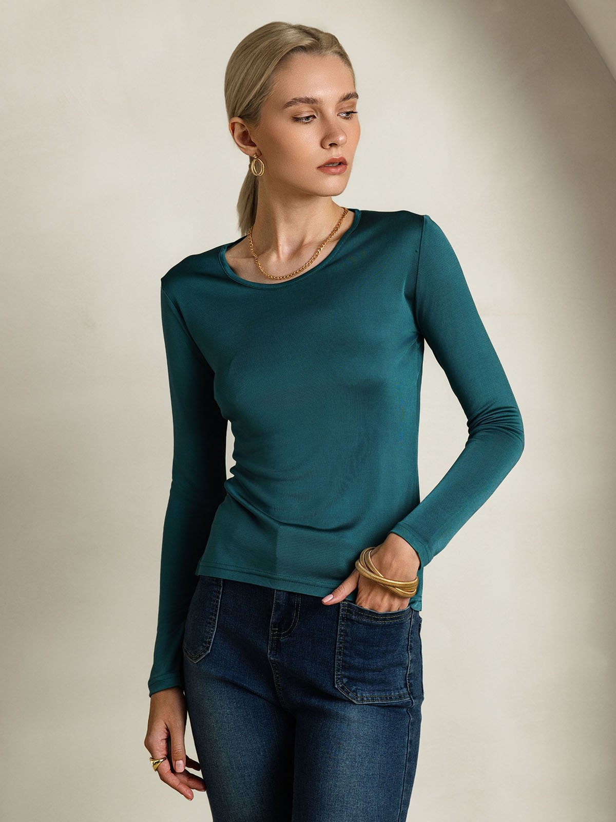 [Vert Posy] SilkSilky-FR Manches longues Col Rond Femme T-Shirt 001