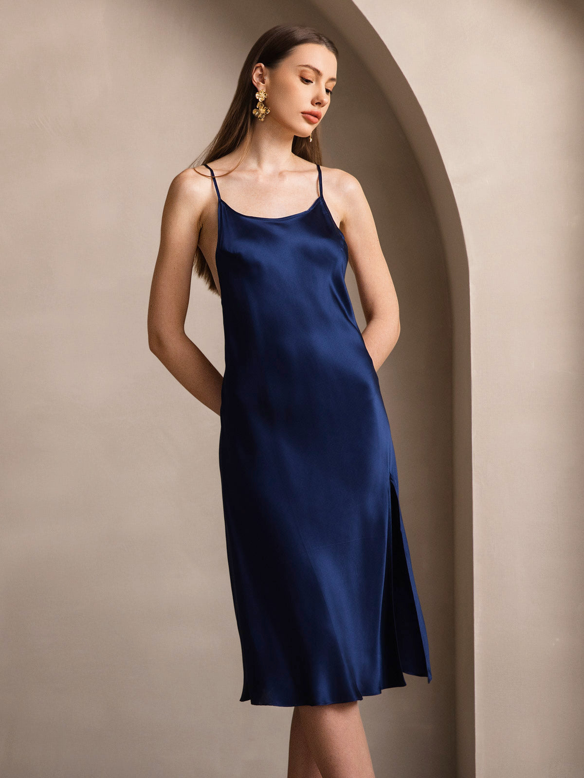 [Bleu Foncé] SilkSilky-FR Pure Soie Col Rond Robes 001