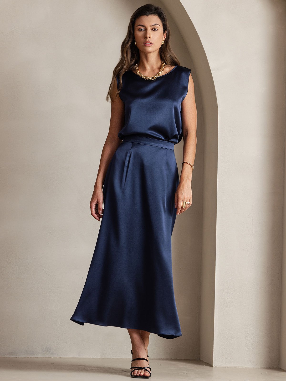 [Bleu Foncé] SilkSilky-FR 19Momme Soie Skirt 005