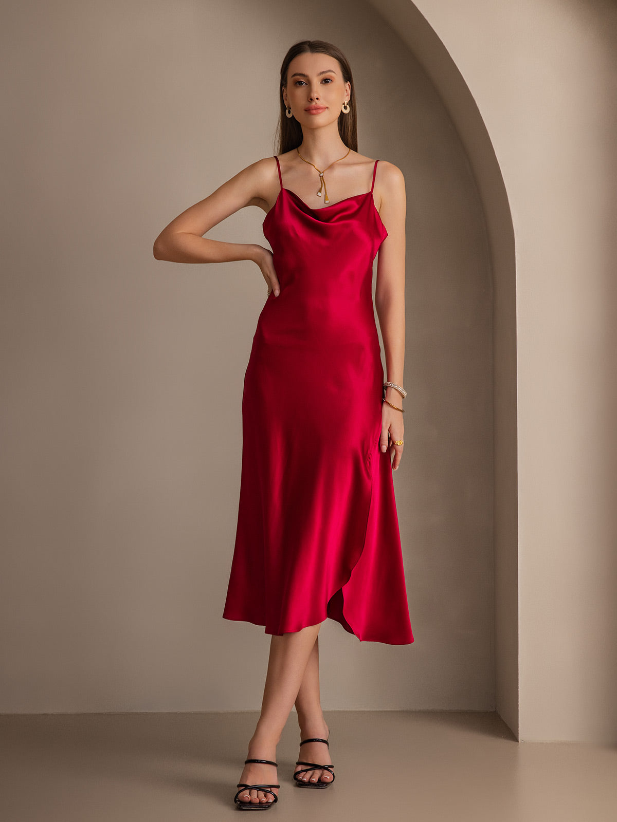 [Rouge Vineux] SilkSilky-FR 19Momme Pure Soie Col Bénitier Robes 004