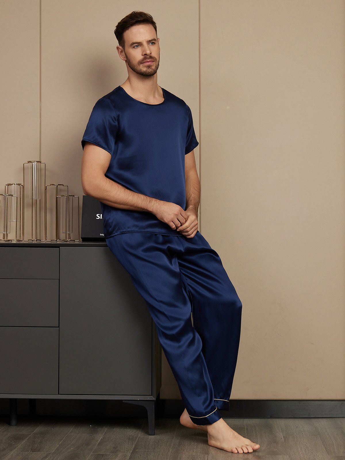 SilkSilky FR Pure Soie Manches courtes Col Rond Homme Pyjamas BleuFoncé 005