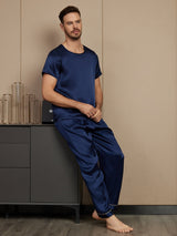 [Bleu Foncé] SilkSilky-FR Pure Soie Manches courtes Col Rond Homme Pyjamas 005