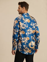[Dragon Navy] SilkSilky-FR Long Sleeve Lapel Collar Homme Chemise 002