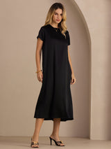 [Noir] SilkSilky-FR Short Sleeve Round Neck Robes 005