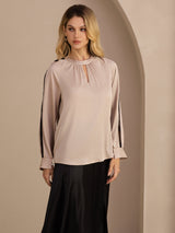 [Tan] SilkSilky-FR Long Sleeve Keyhole Neck Blouse 004