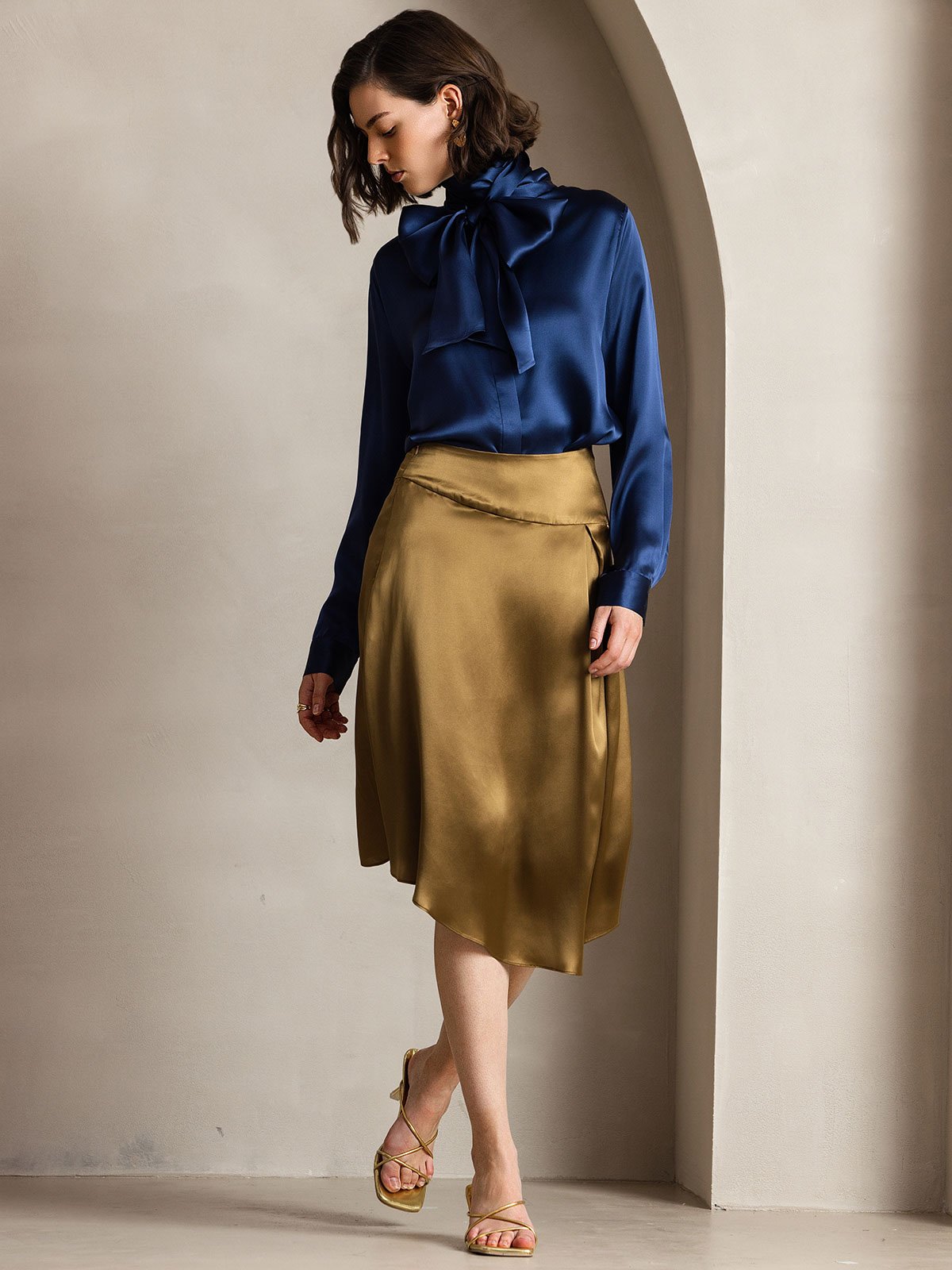 [Bleu Foncé] SilkSilky-FR 19Momme Soie Manches longues Blouse 005