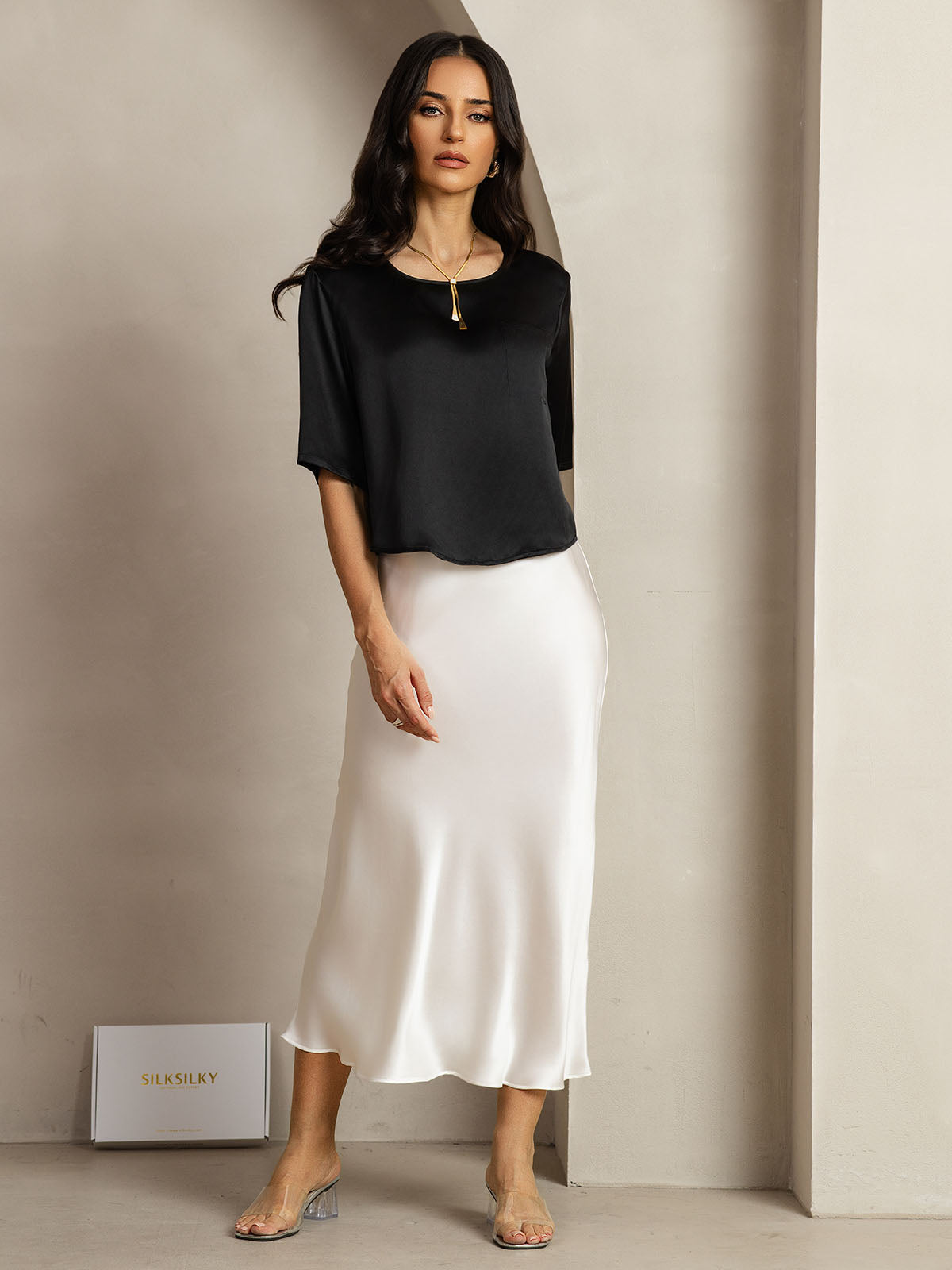 [Noir] SilkSilky-FR Pure Soie Col Bateau Femme T-Shirt 005