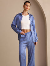 [Rayures Fines Bleues] SilkSilky-FR Long Sleeve Lapel Collar Women's Outfit Sets 003