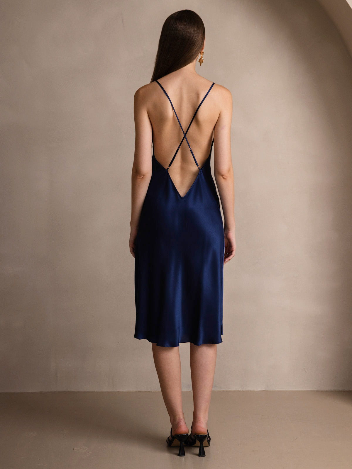 [Bleu Foncé] SilkSilky-FR Pure Soie Col Rond Robes 002