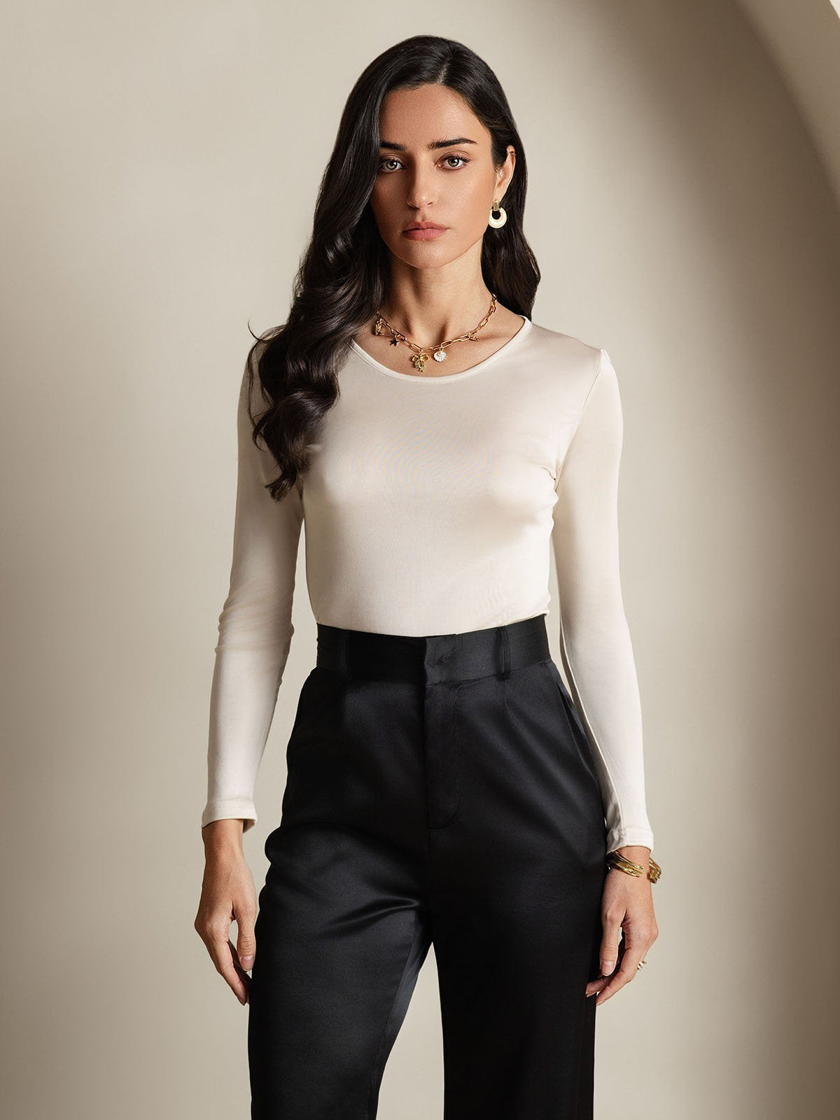 [Beige] SilkSilky-FR Manches longues Col Rond Femme T-Shirt 001