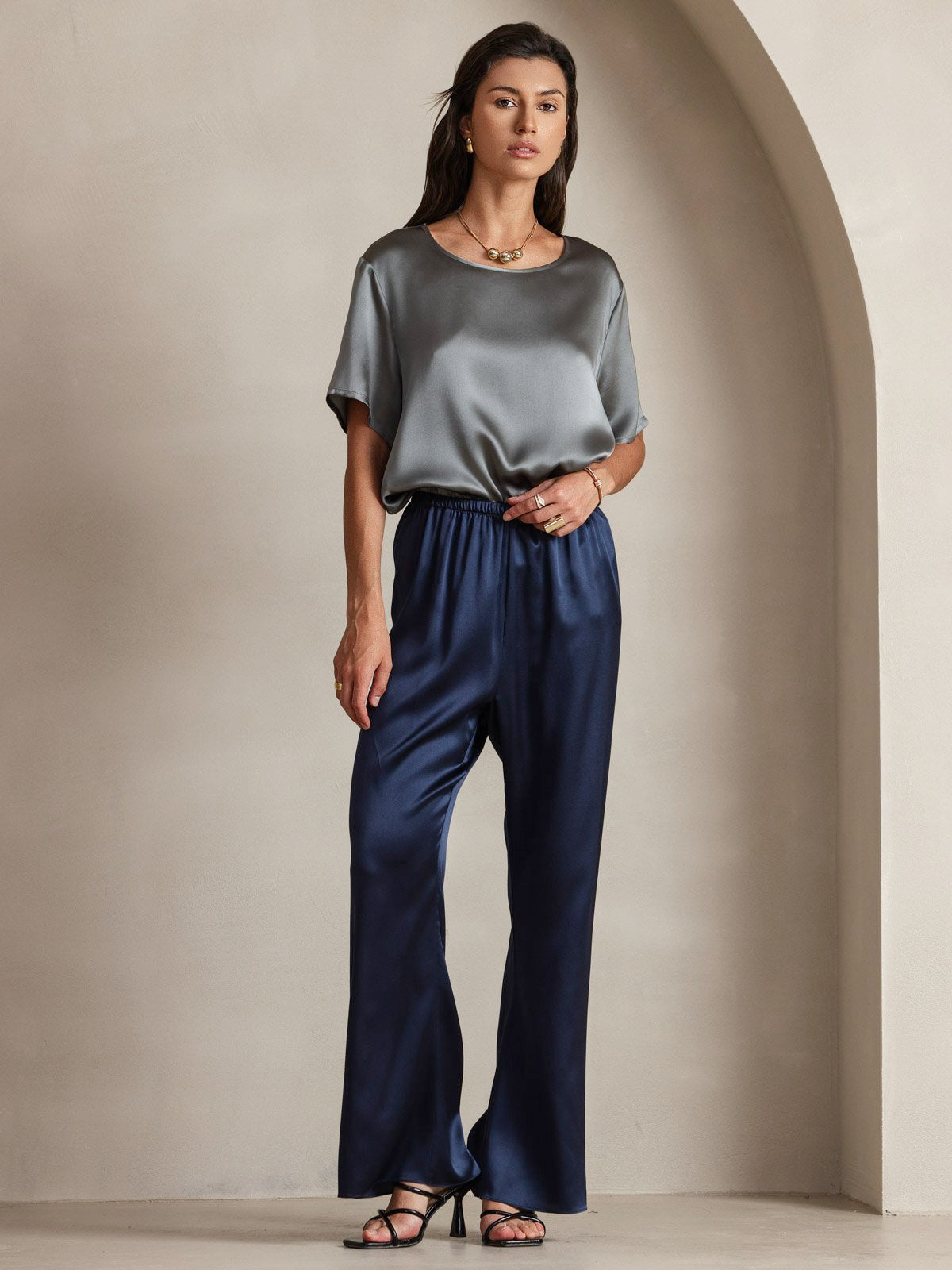 SilkSilky-FR Pure Soie Manches courtes Col Rond Femme T-Shirt GrisFoncé 006