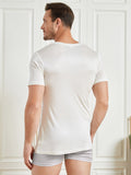 SilkSilky-FR Soie Tricotée Manches courtes Col en V Homme T-Shirt Blanc 002